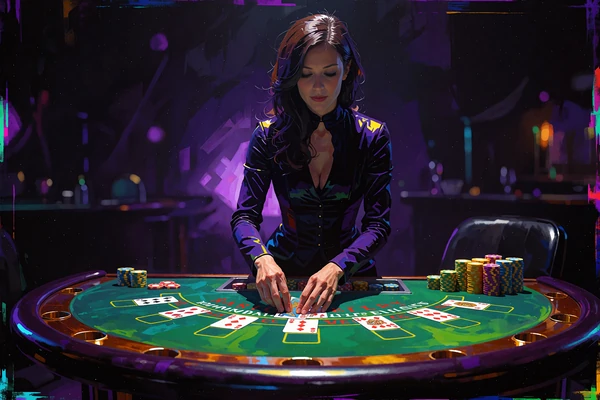 Dealer deler kort ud p&aring; et gr&oslash;nt blackjackbord i et d&aelig;mpet studie - live blackjack i Jokery Casino