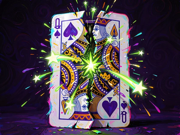 Illustration af et spillekort, der revner og sender stjerner og gnister ud - lobbyen med nye slots hos Jokery Casino