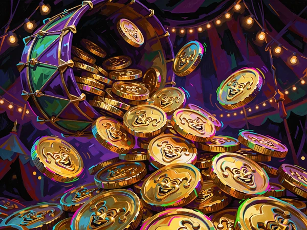 Illustration af guldm&oslash;nter med narreansigt, der v&aelig;lter ud af en cirkustromme - slotten Clown Coins hos Jokery Casino