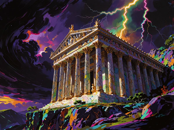 Illustration af et marmortempel ramt af gyldent lyn - jackpotserien Age of the Gods blandt slots hos Jokery