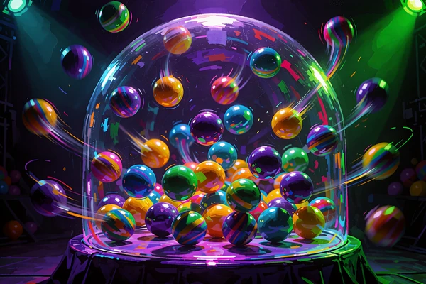 Farvede kugler, der hopper rundt i en glaskuppel p&aring; en lilla scene - game showet Crazy Balls i Jokerys live-lobby
