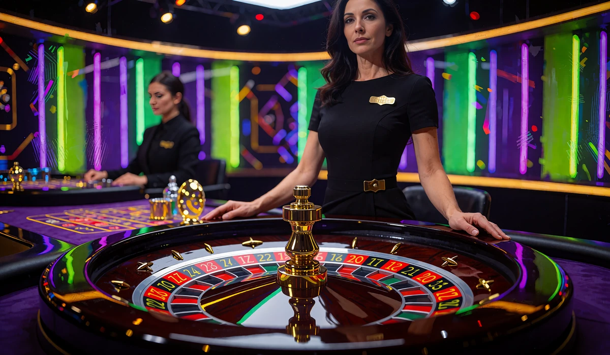 Live roulette-dealer bag et blankt roulettehjul i et studie med gr&oslash;nt og lilla neonlys - live casino hos Jokery