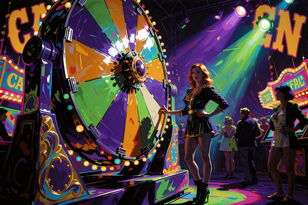 V&aelig;rtinde ved et stort pr&aelig;miehjul i et farverigt studie - live game shows i Jokery Casinos live-lobby