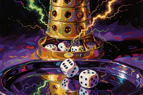 Gyldent terninget&aring;rn med tre hvide terninger og gr&oslash;nne lyn i et m&oslash;rkt studie - game showet Lightning Dice i live casino